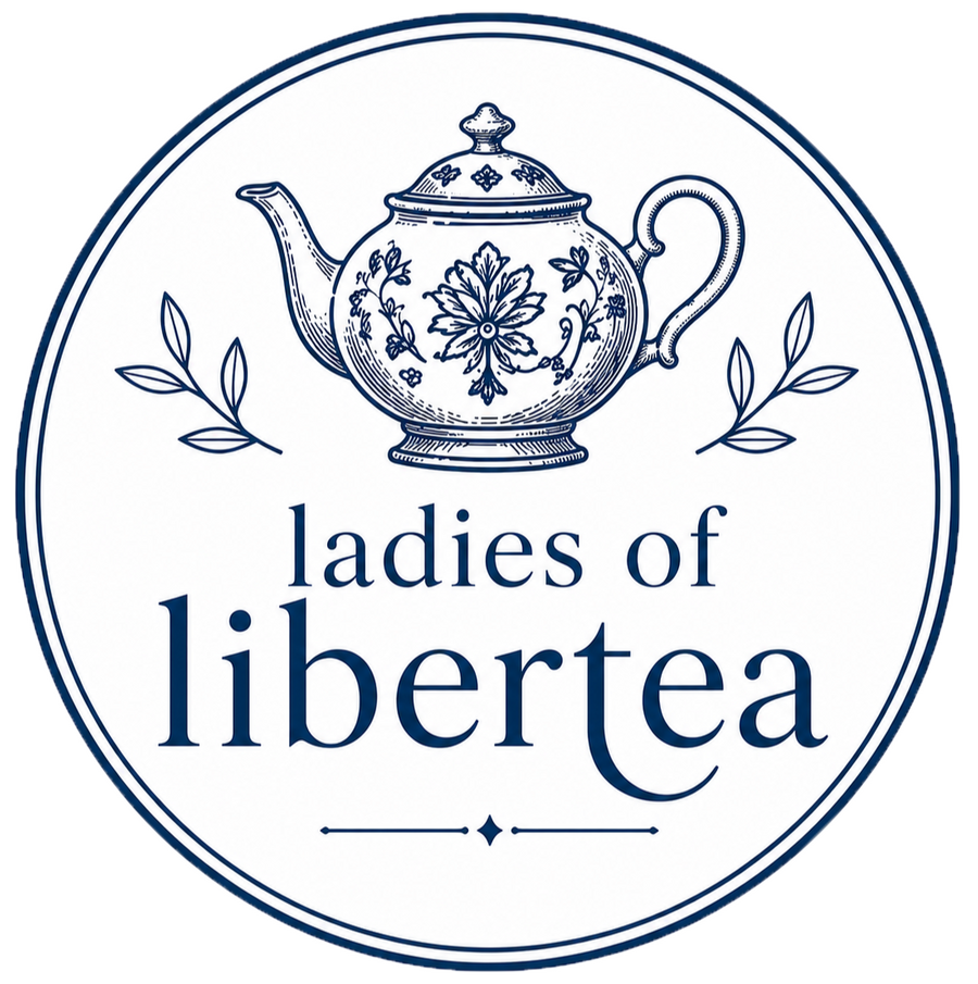 ladies of libertea logo ladies of libertea logo: teapot and tea leaves